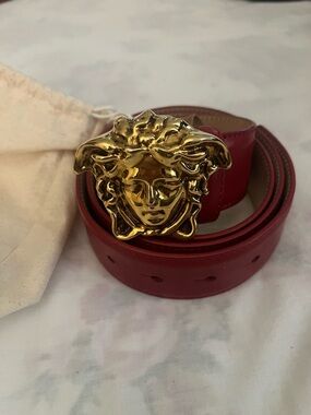 Versace Red Leather Belt with Gold Medusa Buckle
